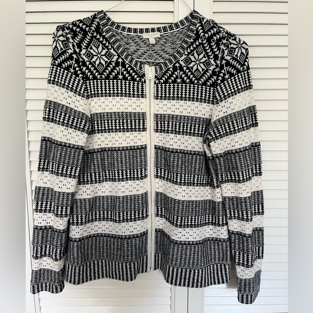 Talbots Cardigan Sweater Womens Medium Black White Striped Zip Up Knit